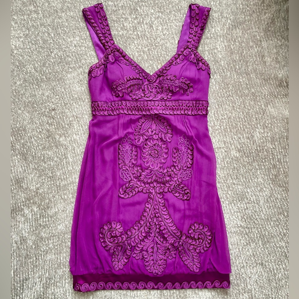 Vintage Sue Wong Silk Embroidered Purple Cocktail Dress Sz 8 90s Y2K Bubble Hem